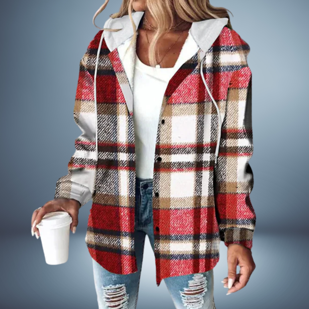 Kurtka damska | Flanelowa w kratę z kapturem
