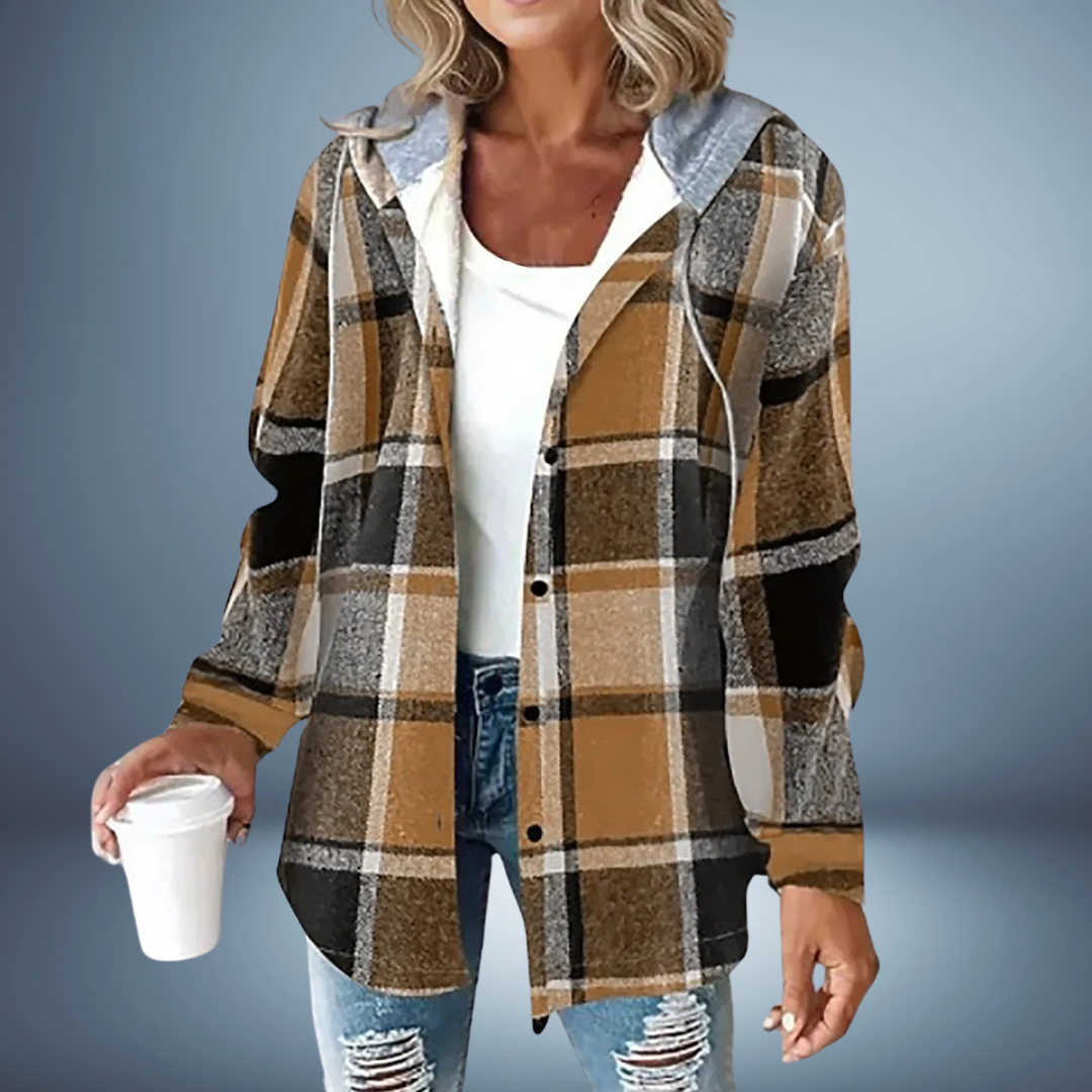 Kurtka damska | Flanelowa w kratę z kapturem