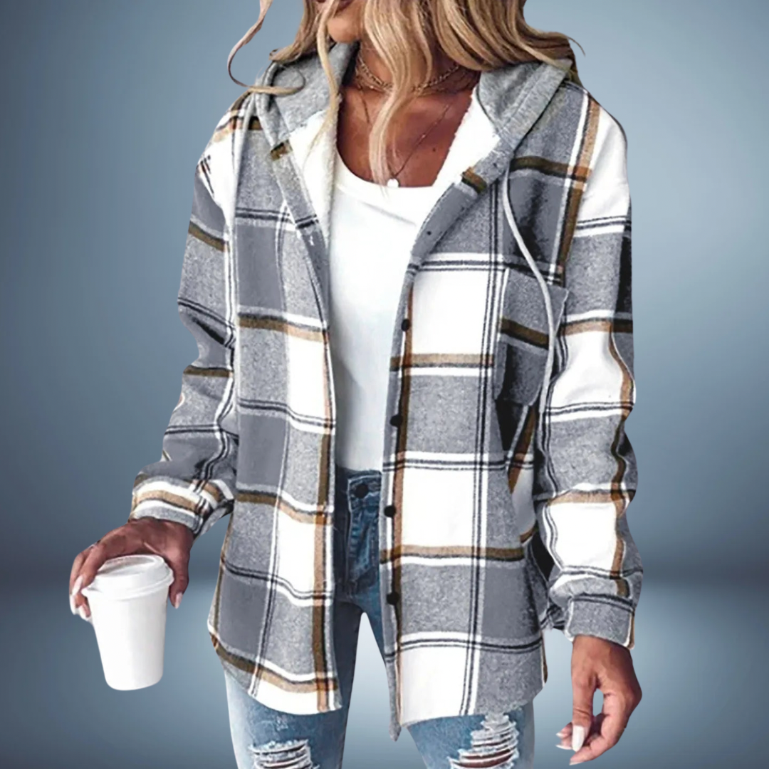 Kurtka damska | Flanelowa w kratę z kapturem