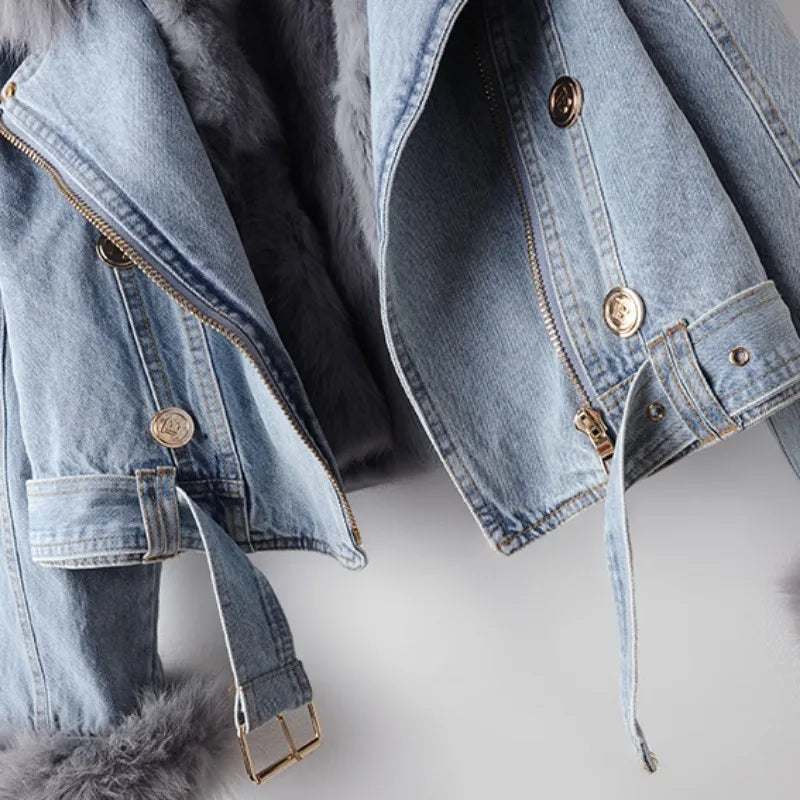 Kurtka damska | Krótki jeans z futerkiem