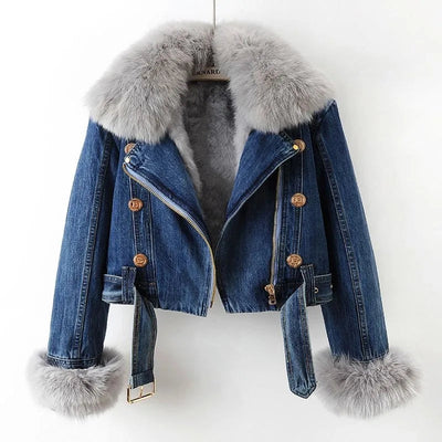 Kurtka damska | Krótki jeans z futerkiem