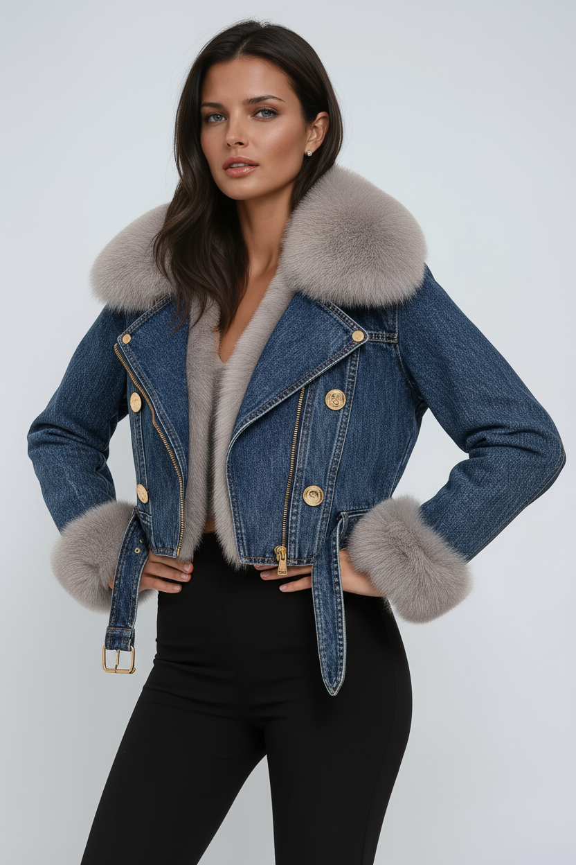 Kurtka damska | Krótki jeans z futerkiem