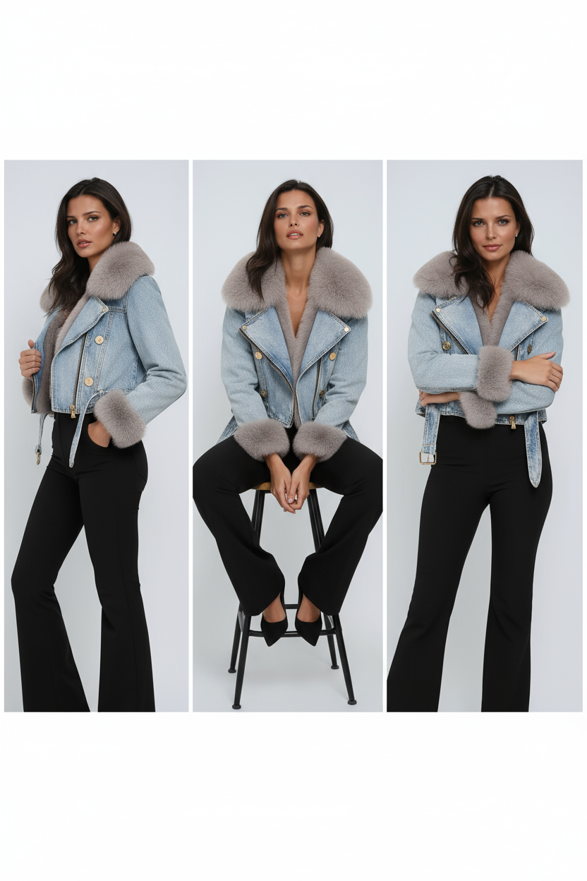 Kurtka damska | Krótki jeans z futerkiem