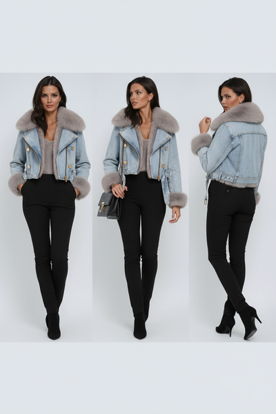 Kurtka damska | Krótki jeans z futerkiem