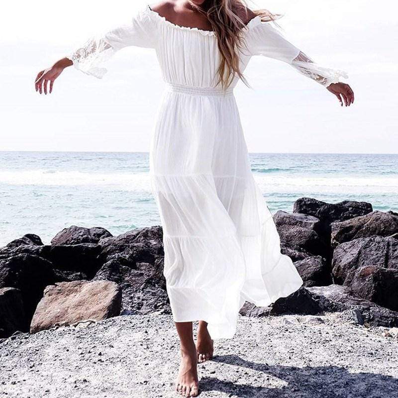 Alessia - Sukienka na Wesele Boho Długa z Koronką i Odkrytymi Ramionami