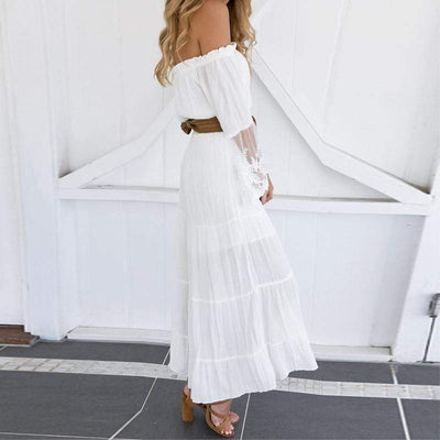 Alessia - Sukienka na Wesele Boho Długa z Koronką i Odkrytymi Ramionami