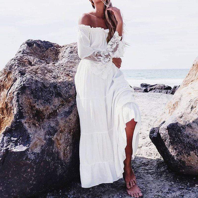 Alessia - Sukienka na Wesele Boho Długa z Koronką i Odkrytymi Ramionami
