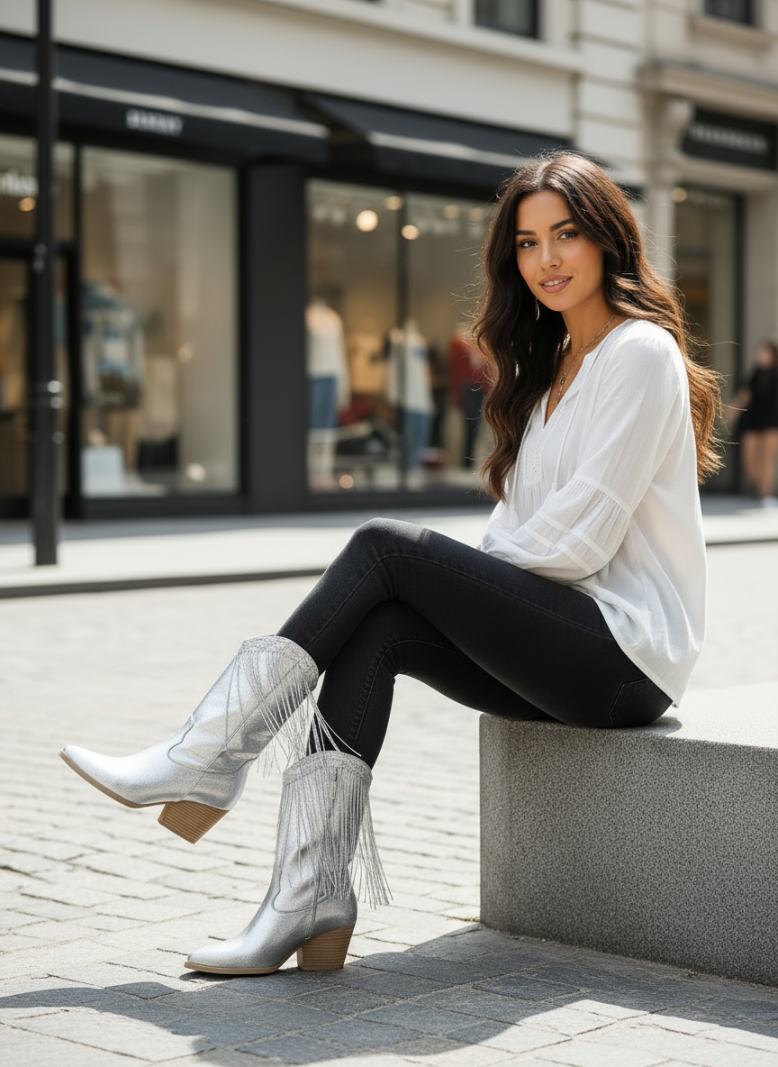 Kowbojki Damskie z Frędzlami | Stylowe Srebrne Buty Western